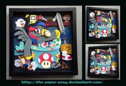 Size: 1280x873 | Tagged: safe, artist:the-paper-pony, oc, ? block, berry, boo, clothes, coin, commission, craft, crash bandicoot, crossover, final fantasy, fire flower, game boy, goomba, irl, master sword, moogle, nintendo, nintendo entertainment system, pac-man, photo, playstation, pokémon, sega, shadowbox, shoes, sonic the hedgehog (series), stars, super mario bros., super mushroom, the legend of zelda, triforce, yoshi egg