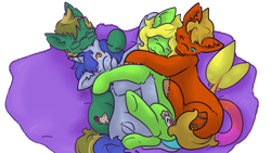 Size: 1024x576 | Tagged: safe, artist:mangajag, oc, oc only, oc:apple flip, oc:autumn prose, oc:grass hope, oc:lucid dream, earth pony, merpony, pony, unicorn, cuddling, ear bite, group, snuggling, underhoof