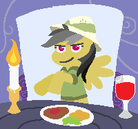 Size: 200x187 | Tagged: safe, artist:threetwotwo32232, daring do, body pillow, candle, champagne, daring daki, food, open mouth, plate, smiling, smirk, solo, waifu dinner