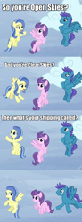 Size: 631x1709 | Tagged: safe, clear skies, open skies, sunshower, pegasus, pony, tanks for the memories, comic, female, flying, male, mare, open clear skies, screencap comic, shipping, stallion, straight, trio