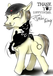 Size: 848x1217 | Tagged: safe, artist:flaminia kennedy, oc, oc only, oc:zacharias, cat, beanie, beard, hat, luffyiscool, nuzzling, solo, thank you, the offspring, youtuber