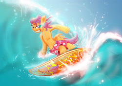 Size: 4961x3508 | Tagged: safe, artist:toonlancer, scootaloo, pony, bipedal, solo, surfboard, surfing