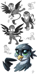 Size: 900x1769 | Tagged: safe, artist:tsitra360, gabby, griffon, the fault in our cutie marks, bag, behaving like a cat, bust, cute, doodle, envelope, eyes closed, female, gabbybetes, griffons doing cat things, laser pointer, lineart, monochrome, open mouth, signature, sitting, smiling, solo, tail wag