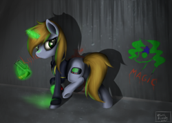 Size: 1024x731 | Tagged: safe, artist:velvetremedyarts, oc, oc only, oc:littlepip, pony, unicorn, fallout equestria, clothes, commission, fanfic, fanfic art, female, glowing horn, gun, handgun, levitation, little macintosh, looking back, magic, mare, pipbuck, revolver, solo, telekinesis, vault suit, weapon