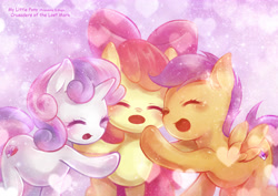 Size: 4960x3507 | Tagged: safe, artist:murasaki-to, apple bloom, scootaloo, sweetie belle, crusaders of the lost mark, :o, cute, cutie mark crusaders, eyes closed, heart, hug, open mouth, pixiv, smiling, sparkles