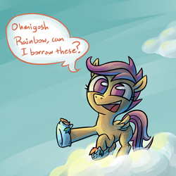 Size: 750x750 | Tagged: safe, artist:rawrienstein, derpibooru exclusive, scootaloo, tanks for the memories, clothes, cloud, dashie slippers, dialogue, implied rainbow dash, no pupils, on a cloud, solo, speech bubble