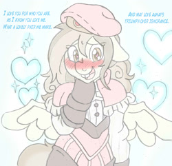 Size: 1403x1350 | Tagged: safe, artist:blackbewhite2k7, featherweight, confession, crossdressing, crossover, femboy, fire emblem, fire emblem fates, forrest (fire emblem), heart, male, offscreen character, older, pov, solo, talking to viewer, trap