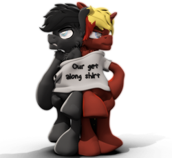 Size: 1024x936 | Tagged: safe, artist:sherfur, oc, oc only, oc:flick, oc:scoots, pony, 3d, get along shirt, male, stallion