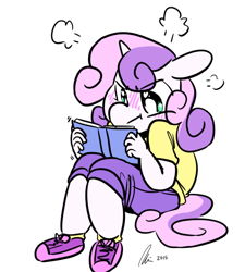 Size: 500x555 | Tagged: safe, artist:rwl, sweetie belle, anthro, angry, blushing, book, cute, grumpy belle, reading