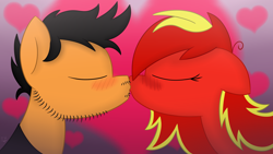 Size: 1920x1080 | Tagged: safe, artist:fakskis, oc, oc:scarlet nekolita, blushing, contest entry, female, heart, kissing, male, markiplier, oc x oc, ponified, shipping, straight