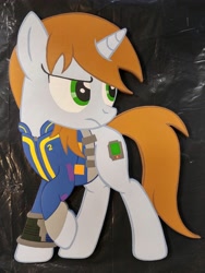 Size: 2358x3129 | Tagged: safe, artist:adog0718, oc, oc only, oc:littlepip, pony, unicorn, fallout equestria, fanfic, female, lightbringer, mare, pipbuck, solo, vault suit, woodwork