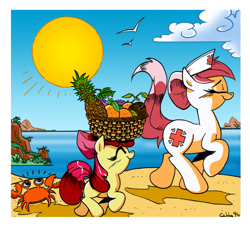 Size: 1299x1181 | Tagged: safe, artist:labba94, derpibooru exclusive, apple bloom, nurse redheart, crab, balancing, basket, beach, coconut, duo, eyes closed, food, fruit, grapes, orange, pineapple, profile, smiling, sun, trotting, walking