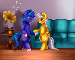 Size: 2730x2195 | Tagged: safe, artist:pridark, oc, oc only, oc:lighting faraday, oc:midnight, pony, bipedal, commission, dancing, drunk, duo, gramophone, living room, music notes, open mouth, record, sofa, table