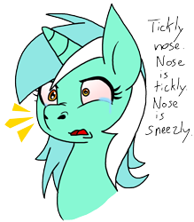 Size: 1528x1744 | Tagged: artist needed, safe, lyra heartstrings, pony, unicorn, allergies, crying, cute, female, humor, nose wrinkle, nostril flare, nostrils, pre sneeze, red eyes, sneezing, sneezy, snout, solo