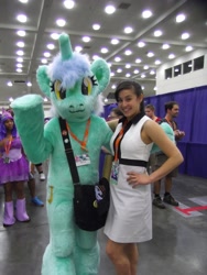 Size: 1608x2144 | Tagged: safe, artist:mystia, lyra heartstrings, human, bronycon, bronycon 2015, clothes, cosplay, costume, dress, fursuit, irl, irl human, kazumi evans, photo