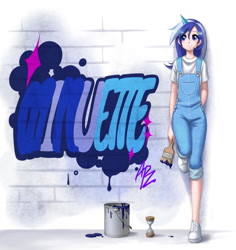 Size: 820x868 | Tagged: safe, artist:apzzang, minuette, human, horned humanization, humanized, overalls, paintbrush, solo