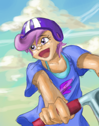 Size: 500x633 | Tagged: safe, artist:mimosapixie, scootaloo, human, bandaid, female, happy, humanized, open mouth, scooter, sketch, solo