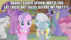 Size: 640x360 | Tagged: safe, edit, edited screencap, screencap, amethyst star, aura (character), diamond tiara, orange blossom, prim posy, ruby pinch, silver spoon, sparkler, tornado bolt, earth pony, pegasus, unicorn, call of the cutie, female, filly, image macro, impact font, implied farting, mare, meme