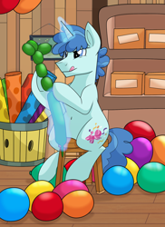 Size: 1024x1408 | Tagged: safe, artist:itstaylor-made, party favor, backwards cutie mark, balloon, belly button, concentrating, magic, party, solo, tongue out