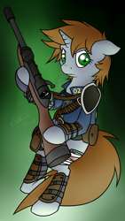 Size: 1080x1920 | Tagged: safe, artist:ethaes, oc, oc only, oc:littlepip, pony, unicorn, fallout equestria, bandage, clothes, fallout, fanfic, fanfic art, female, glowing horn, gradient background, gun, hooves, horn, levitation, magic, mare, optical sight, pipbuck, rifle, scope, simple background, solo, stable dweller, telekinesis, vault suit, weapon