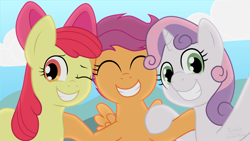 Size: 1920x1080 | Tagged: safe, artist:corsairsedge, apple bloom, scootaloo, sweetie belle, cutie mark crusaders, smiling, trio