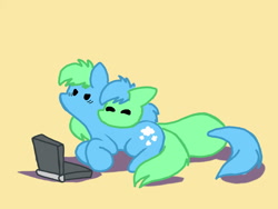 Size: 1280x960 | Tagged: safe, artist:naivintage, oc, oc only, oc:brainstorm, oc:spearmint, blob ponies, computer, cute, laptop computer, snuggling, twins