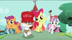 Size: 1920x1080 | Tagged: safe, screencap, apple bloom, dinky hooves, pipsqueak, scootaloo, sweetie belle, earth pony, pony, crusaders of the lost mark, cap, colt, cutie mark crusaders, donald trump, hat, make america great again, male