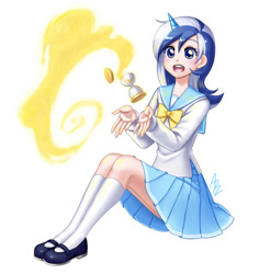 Size: 820x868 | Tagged: safe, artist:apzzang, minuette, human, clothes, cute, horned humanization, humanized, sailor uniform, school uniform, skirt, solo