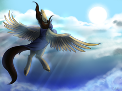 Size: 2480x1859 | Tagged: safe, artist:oblivionheart13, oc, oc only, cloud, cloudy, flying, solo, sun, underhoof