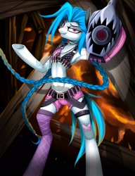 Size: 1570x2048 | Tagged: safe, artist:santagiera, anthro, semi-anthro, unguligrade anthro, arm hooves, armpits, bipedal, bullet, grin, gun, jinx (league of legends), league of legends, looking at you, ponified, sexy, sinfully sexy, smiling, smirk, solo, underhoof