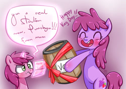 Size: 1101x778 | Tagged: safe, artist:frankier77, berry punch, berryshine, ruby pinch, earth pony, pony, unicorn, bad parenting, bipedal, birthday, birthday card, birthday gift, duo, duo female, female, keg, mother and child, mother and daughter, parent and child