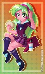 Size: 1697x2800 | Tagged: safe, artist:danmakuman, lemon zest, equestria girls, beverage, clothes, crystal prep academy, crystal prep academy uniform, crystal prep shadowbolts, cup, cute, food, headphones, looking at you, pleated skirt, sandwich, school uniform, skirt, smiling, snack, solo, straw