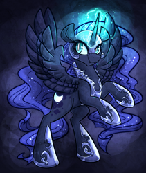 Size: 800x950 | Tagged: safe, artist:azimooth, nightmare moon, glowing horn, rearing, solo, spread wings