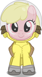 Size: 1473x2681 | Tagged: safe, artist:zacatron94, oc, oc only, oc:puppysmiles, earth pony, pony, fallout equestria, fallout equestria: pink eyes, fanfic, fanfic art, female, filly, foal, hazmat suit, hooves, looking at you, simple background, smiling, solo, transparent background, vector