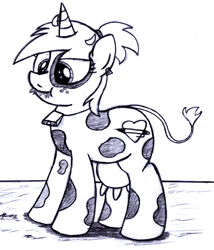 Size: 2006x2346 | Tagged: safe, artist:an-tonio, oc, oc only, oc:silver draw, cow, bell, bell collar, collar, cowbell, cowified, grass, monochrome, solo, species swap, traditional art, udder