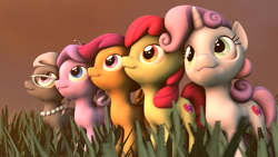Size: 1920x1080 | Tagged: safe, artist:sugarcube-cake, apple bloom, diamond tiara, scootaloo, silver spoon, sweetie belle, crusaders of the lost mark, 3d, cute, cutie mark, cutie mark crusaders, grass, grin, looking up, smiling, source filmmaker, the cmc's cutie marks