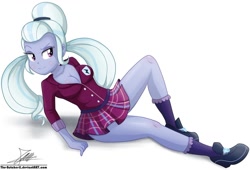 Size: 1024x695 | Tagged: safe, artist:the-butch-x, sugarcoat, equestria girls, friendship games, bedroom eyes, breasts, cleavage, clothes, commission, crystal prep academy uniform, eyebrow wiggle, female, legs, pigtails, plaid skirt, pleated skirt, school uniform, schrödinger's pantsu, sexy, shirt, skirt, solo, stupid sexy sugarcoat, sugarcones, thighs, twintails