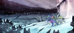 Size: 1400x627 | Tagged: safe, artist:foxinshadow, oc, oc only, pony, unicorn, army, arrow, bow (weapon), bow and arrow, fight, hoof hold, levitation, magic, rapier, spear, sword, telekinesis, weapon, winter