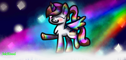 Size: 1000x477 | Tagged: safe, artist:theiceycaterpiepony, oc, oc only, oc:rainbow cheesecake, alicorn, pony, alicorn oc