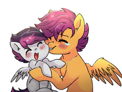 Size: 1024x768 | Tagged: safe, artist:kianamai, scootaloo, oc, oc:echo (kilala), feels, female, hug, kilalaverse, mama scoots, mother and child, mother and daughter, next generation, offspring, parent and child, parent:rumble, parent:scootaloo, parents:rumbloo, scootaloo can't fly, story included