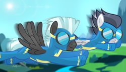 Size: 4160x2376 | Tagged: safe, artist:shutterflyeqd, rumble, thunderlane, pegasus, pony, absurd resolution, brothers, clothes, duo, flying, goggles, hilarious in hindsight, male, signature, stallion, wonderbolts uniform