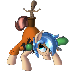 Size: 1024x1003 | Tagged: safe, artist:january3rd, oc, oc only, oc:rocket tier, clothes, costume, equestria daily, equestria daily mascots, groot, guardians of the galaxy, mascot, rocket raccoon, simple background, transparent background