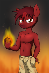 Size: 683x1005 | Tagged: safe, artist:sandwich-anomaly, oc, oc only, oc:charred remnant, anthro, earth pony, bare chest, belly button, clothes, fire, freckles, topless