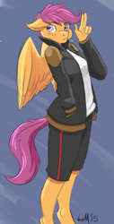 Size: 855x1689 | Tagged: safe, artist:hobbsmeerkat, scootaloo, anthro, clothes, solo