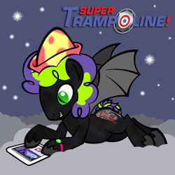 Size: 2700x2700 | Tagged: safe, artist:toonbat, oc, oc only, oc:super trampoline, bat pony, pony, cloud, commission, fimfiction, french horn, green eyes, hat, musical instrument, prone, reading, solo, stars, tablet, unshorn fetlocks, watch