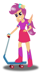 Size: 1760x2960 | Tagged: safe, artist:deannaphantom13, scootaloo, equestria girls, clothes, eared humanization, fall formal outfits, ponied up, scooter, simple background, smiling, solo, transparent background, winged humanization