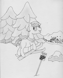 Size: 1280x1587 | Tagged: safe, artist:fly1ngsquid, double diamond, earth pony, pony, clothes, looking back, monochrome, mountain, mountain range, scarf, skis, snow, traditional art