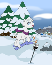 Size: 1280x1590 | Tagged: safe, artist:fly1ngsquid, double diamond, clothes, looking back, missing cutie mark, mountain, mountain range, pun, scarf, skis, snow, solo, vector