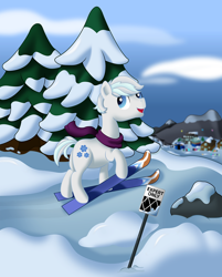 Size: 1280x1590 | Tagged: safe, artist:fly1ngsquid, double diamond, earth pony, pony, clothes, looking back, mountain, mountain range, scarf, skis, snow