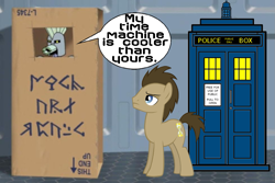 Size: 977x651 | Tagged: safe, doctor whooves, pony, robot, adult swim, aqua teen hunger force, box, cardboard box, cartoon network, crossover, cybernetic ghost of christmas past from the future, dialogue, doctor who, male, stallion, tardis, time machine